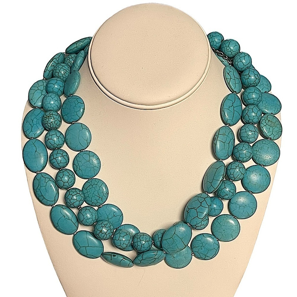 Three Strand Turquoise Dyed Howlite Bib Necklace Substantial 20"-23" Length